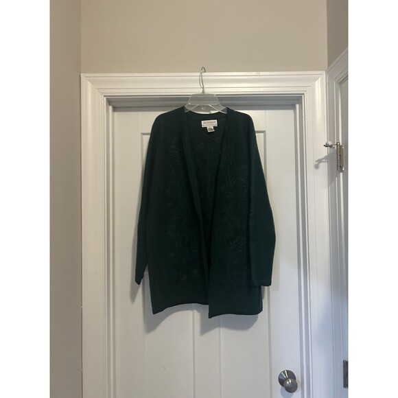 Women's Open Knit Long Cardigan Sweater Embroidered Size Medium Dark Green Wool - Picture 1 of 6